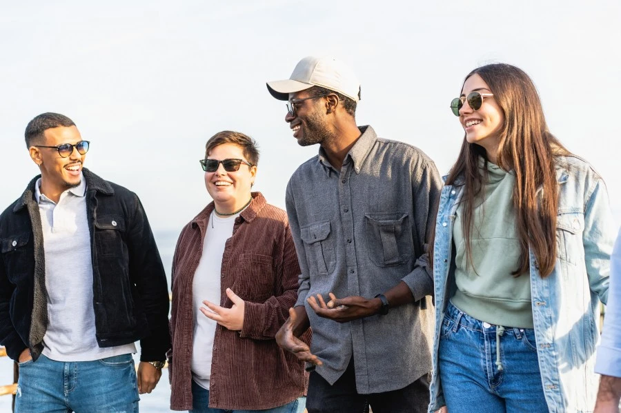 Group of friends wearing sunglasses and smiling